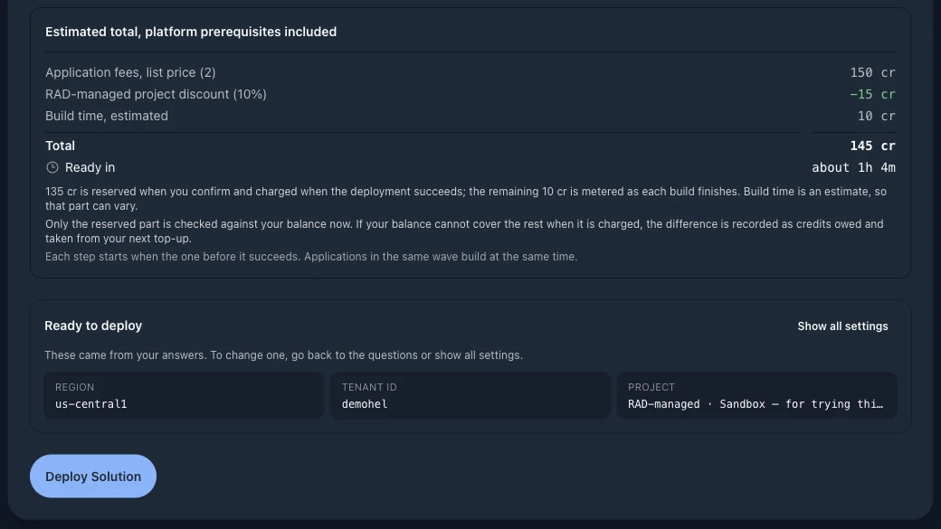 Le récapitulatif chiffré à la fin de Build Solution with AI : des frais d’application au prix catalogue de 150 crédits, une remise de 10 % de 15 crédits pour projet géré par RAD et environ 10 crédits de durée de build estimée, soit 145 crédits au total, prêt en 1 h 04 environ, dont 135 réservés à la confirmation et 10 comptés à la fin de chaque déploiement ; en dessous, un panneau Ready to deploy reprenant la région, l’identifiant de tenant et le projet sandbox géré par RAD issus des réponses, et un bouton Deploy Solution