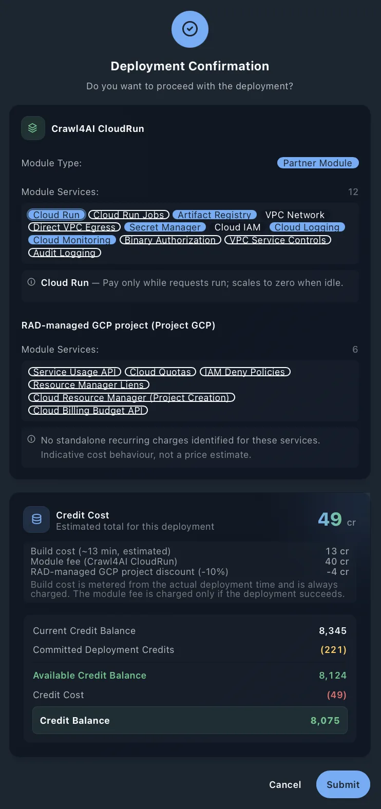 RAD's deployment confirmation screen, listing the Google Cloud services the module will create, a 40-credit module fee, an estimated 13-credit build cost and the resulting credit balance