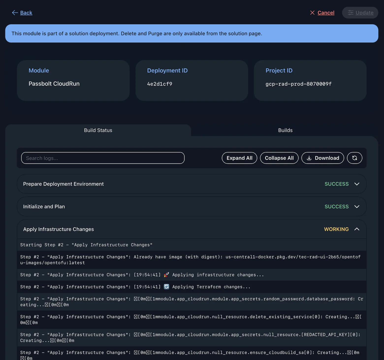 A deployment in progress in RAD: Prepare Deployment Environment and Initialize and Plan both SUCCESS, Apply Infrastructure Changes WORKING, with raw Terraform apply output streaming beneath it