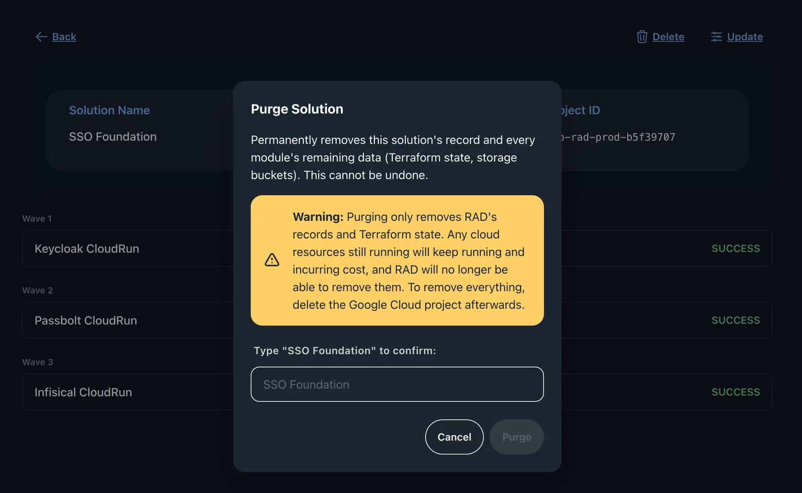 RAD's purge dialog, warning that purging removes only RAD's records and Terraform state, that any cloud resources still running will keep running and incurring cost, and that RAD will no longer be able to remove them