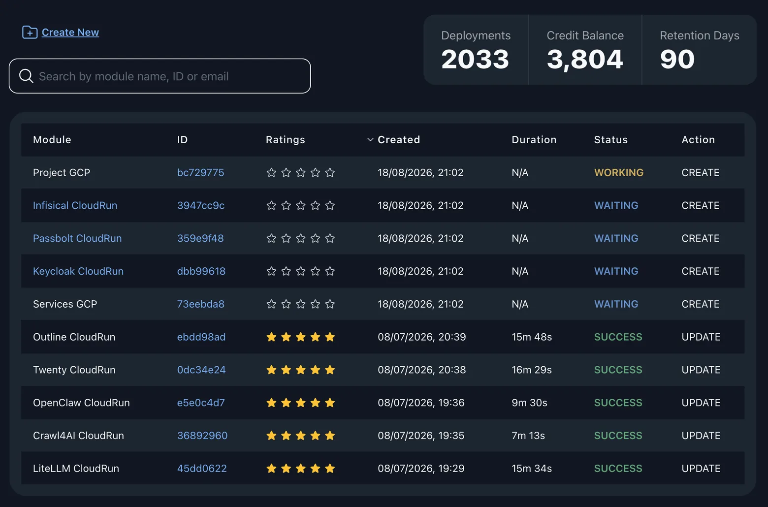 The RAD deployments list: a Project GCP module WORKING, three application modules WAITING on it, and older deployments showing SUCCESS with their build durations