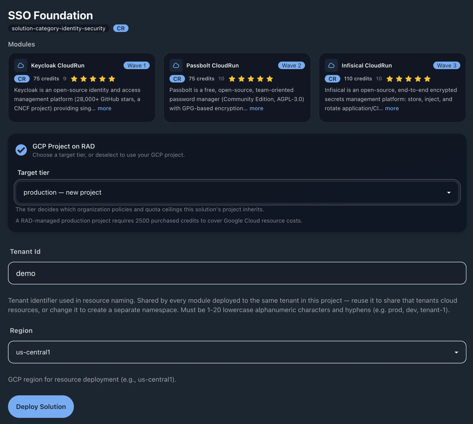 Provisioning the SSO Foundation solution: Keycloak, Passbolt and Infisical shown as Wave 1, 2 and 3 with their individual credit costs, above a target-tier selector set to production