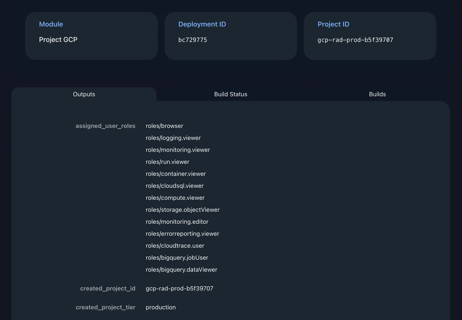 The Outputs tab of a finished RAD deployment, listing the Terraform outputs it published: assigned_user_roles, created_project_id and created_project_tier
