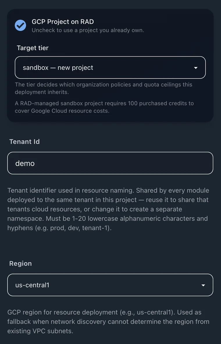 The RAD-managed project panel: a target-tier selector set to sandbox, a note that a sandbox project requires 100 purchased credits, and a region selector set to us-central1