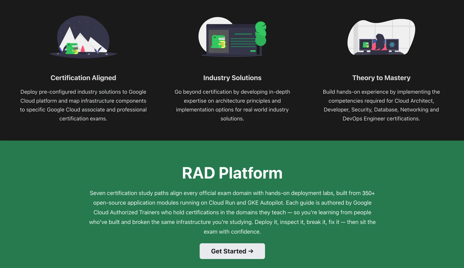 The RAD documentation site: three pillars headed Certification Aligned, Industry Solutions and Theory to Mastery, above a RAD Platform band describing seven certification study paths aligned to hands-on deployment labs